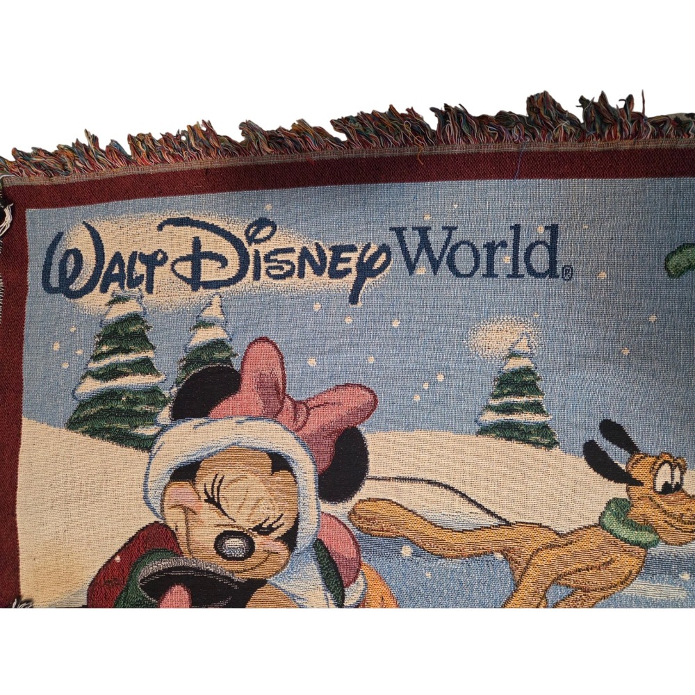 Vintage Walt Disney World Mickey Minnie Donald Goofy Ice Skating Woven Blanket - Picture 5 of 6